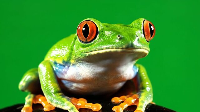 Close-Up of A Vibrant Green Tree Frog With Striking Orange Eyes Against A Green Background Ideal For Compositing