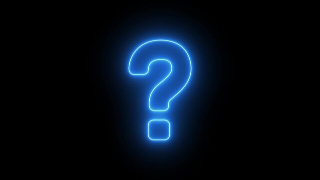 Glowing neon question mark sign pulsing on black background, abstract digital concept for faq and problem solving