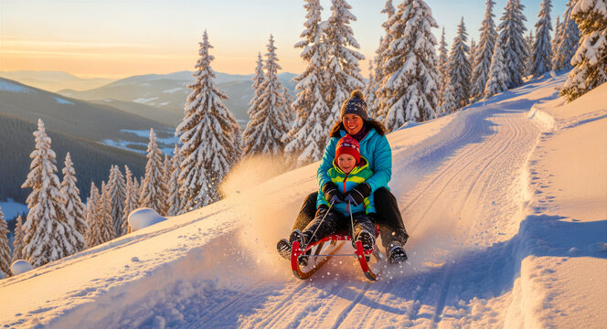 Mother and son sledding down a snowy mountain slope at sunset. Family enjoying winter outdoor activities in a forest. Ideal for travel promotion and seasonal family lifestyle content.