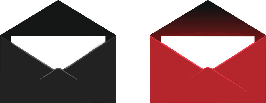 Two open envelopes one black one red with white paper
