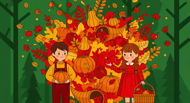 Children holding autumn harvest items like pumpkins and apples. Young boy and girl celebrate fall season with a cornucopia bounty. Thanksgiving illustration for holiday cards and marketing.
