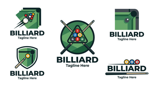 This collection features varied logo designs for billiard venues, showcasing elements of gameplay, strategy, and skill, appealing to billiards enthusiasts and players.