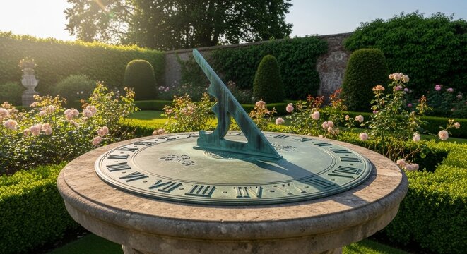 Antique Sundial Casting Shadow in Lush Garden