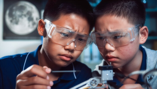 Intense focus and deep concentration of two Southeast Asian junior high students troubleshooting a complex technical error on their lunar rover project in a science lab.