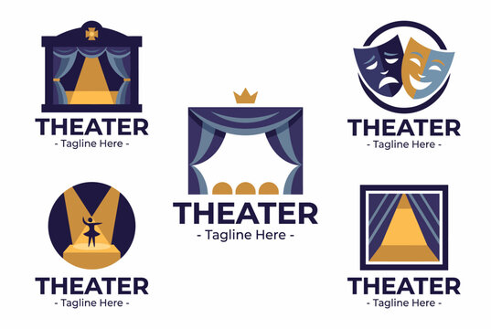A diverse array of theater logo designs celebrating art and culture, featuring iconic elements like masks, curtains, and stages that symbolize performance and creativity.