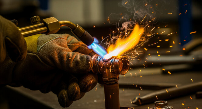 Close up of a gloved hand using a gas torch to solder a copper pipe fitting. Intense flame and sparks fly during the industrial process. Professional plumbing and metalwork repair concept.