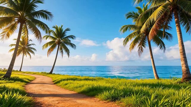 Palm trees path to ocean