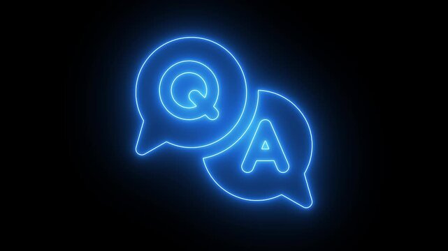 Neon q&a speech bubbles animation, glowing blue question and answer sign for customer support and faq interface