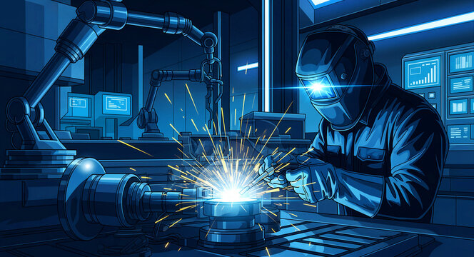 Welder working in a high-tech factory with robotic arms. Technician in protective gear performs precision welding. Industry 4.0 and automation concept for manufacturing marketing.