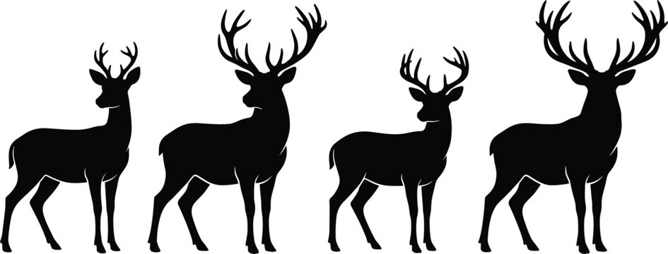  Detailed Set of Majestic Deer Silhouettes with Antlers Featuring Various Buck Poses for Wildlife Nature Forest Hunting and Winter Seasonal Vector Graphic Designs
