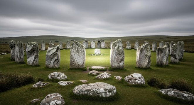 Ancient Stone Circle Megalithic Structures on a Grassy Field