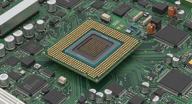 Central Processing Unit on a Computer Motherboard Circuit Board.