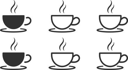 Obraz premium Six stylized icons of hot steaming coffee cups and saucers in black and white hot drink