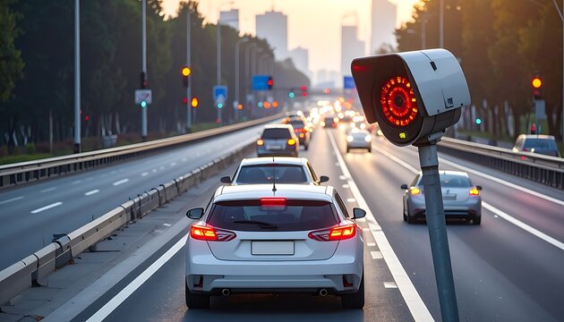 A traffic scene with a red light on a pole