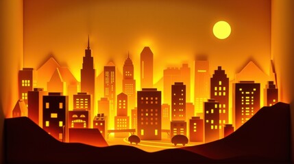 Obraz premium Papercraft cityscape glows warmly. Buildings, roads, moon create layered scene. Dramatic lighting emphasizes depth, texture. Minimalist design.