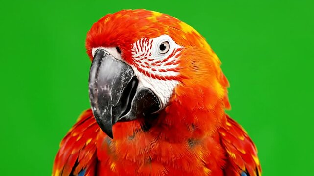 Close-up of a Vibrant Macaw Bird with Striking Red and Blue Plumage Against a Green Screen Background
