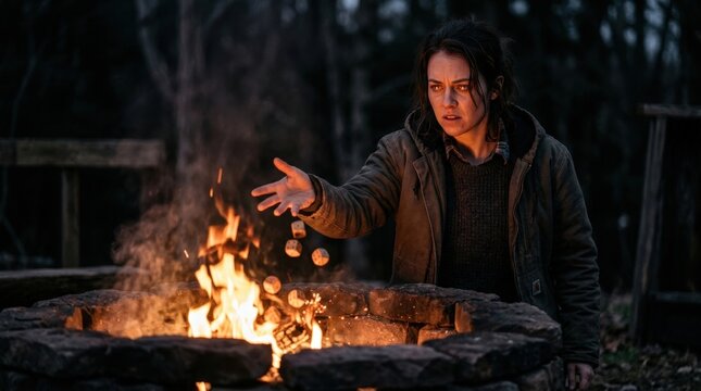 Dramatic woman throwing dice into fire pit with flames