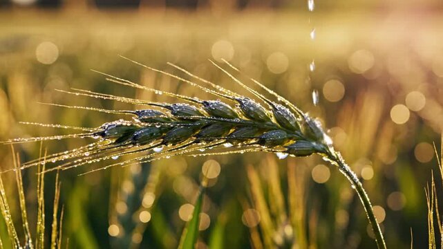 Single wheat ear with dew drops at sunrise