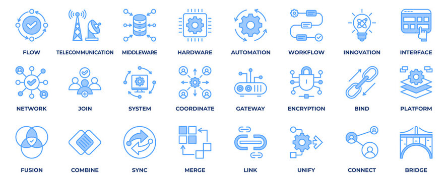 Integration icon set collection in line blue style, an icon pack contain integration, automation, technology, robot, platform, bridge, system, interface, connection and network. Vector Illustration.