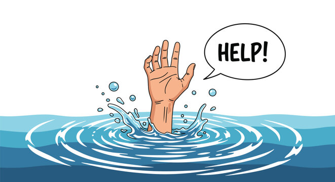 Human hand reaching out of turbulent blue water with a help speech bubble in a dramatic and urgent comic book style.