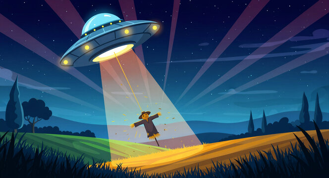 UFO flying saucer abducting a scarecrow with a light beam at night. Extraterrestrial spaceship hovering over a rural farm landscape. Sci-fi comedy concept, ideal for alien encounter illustrations.