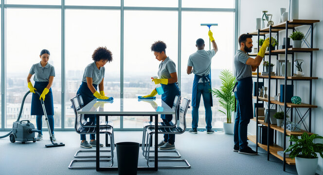Diverse team of professional cleaners sanitizing a modern office. Workers are vacuuming, wiping tables, and cleaning windows. Professional janitorial service concept for corporate maintenance.