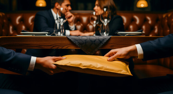 Men exchanging a brown envelope under a restaurant table. Businessmen in suits making a clandestine deal in a luxury setting. Bribery and corruption concept for white-collar crime and fraud media.