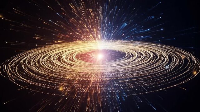 Swirling golden light trails form a dynamic spiral pattern radiating from a central glowing point in space