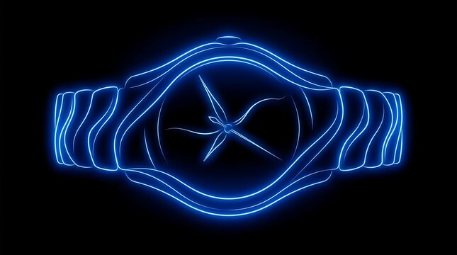 Futuristic glowing neon blue wristwatch line art illustration on black background minimalist digital time concept art