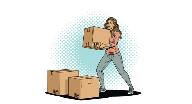 Strong woman in a pink shirt is lifting a heavy cardboard box from a pile during a home relocation or warehouse work process.