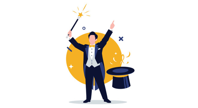 Professional magician wearing a tuxedo and top hat performs a magic trick with a wand and sparkles on a yellow background.