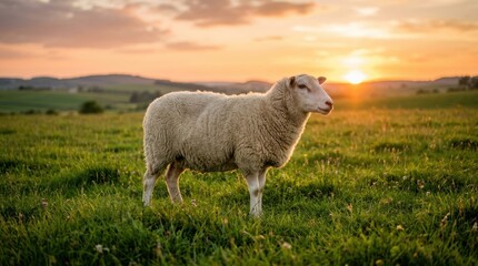 Obraz premium Cow standing in green field during sunset