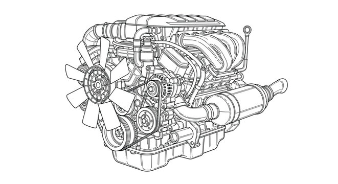 Detailed technical line art drawing of a complex modern car engine showing various mechanical components for engineering and repair study.