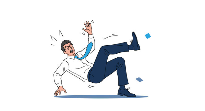 Businessman in a shirt and tie wearing glasses is losing his balance and falling backwards in a comical accident at the office.