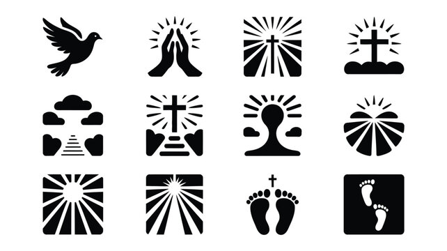 Collection of black vector icons depicting christian faith and spirituality symbols on white background
