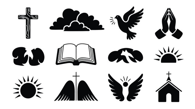 Hand drawn religious symbols and icons including crosses doves praying hands clouds books wings suns and churches on white background