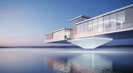 Fototapeta premium Modern Cantilevered House Extending Over Calm Lake at Dusk.
