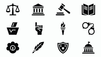 Minimalist icons of law justice and government on a clean grid layout including scales gavel book and more © Soma