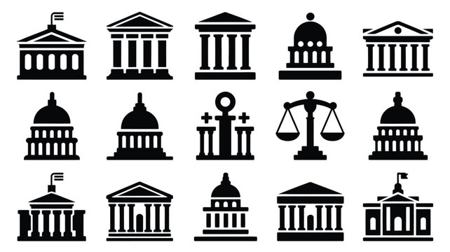 Vector illustration of various government and law icons including buildings and scales of justice in black on white background