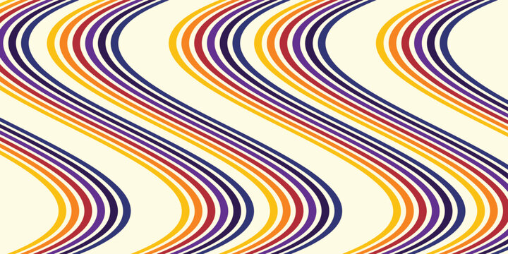 Vektor latar belakang 70-an berwarna abstrak. Wallpaper retro klasik dengan garis-garis pelangi dan garis bergelombang. Ilustrasi berwarna tahun 1970 cocok untuk poster