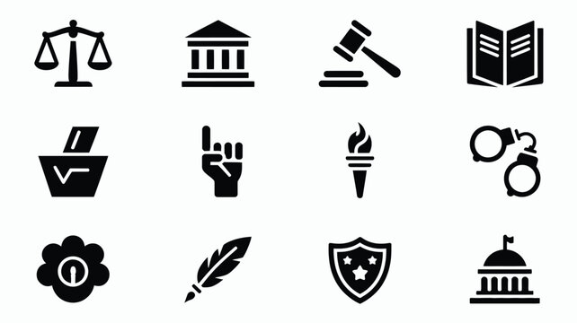 Minimalist icons of law justice and government on a clean grid layout including scales gavel book and more