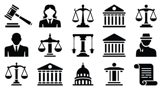 Set of 12 constitution and memorial day icons featuring law symbols and government buildings in black silhouette on white background