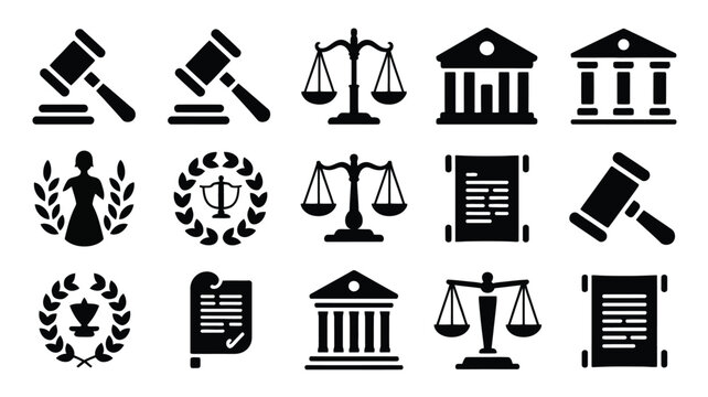 Set of 12 black silhouette icons representing law and justice including gavel scales courthouse and legal documents on white background for constitution memorial day