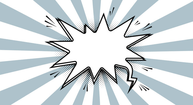 Blank white comic speech bubble with explosion spikes on a grey and white ray background for custom text, titles, and creative designs.