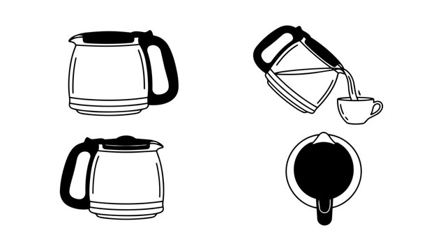 A minimalist doodle line art drawing set featuring a modern electric kettle shown from a side profile, pouring water into a cup, and from a top-down perspective.
