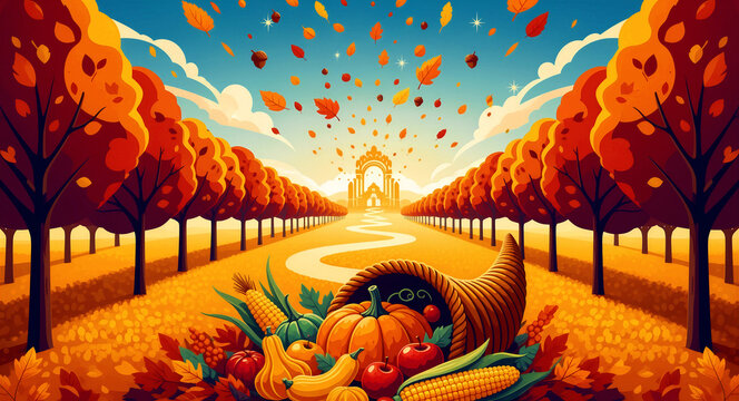 Cornucopia filled with autumn vegetables in a vibrant landscape. A path leads through orange trees toward a glowing horizon. Thanksgiving abundance concept for seasonal marketing.