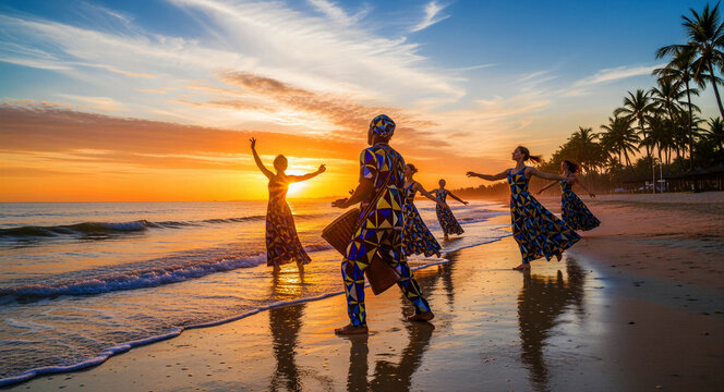 Group of dancers in vibrant patterns performing on a beach at sunset. A drummer leads the traditional dance by the ocean waves. Cultural tourism and celebration concept for travel marketing.