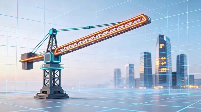 Futuristic construction crane in cityscape