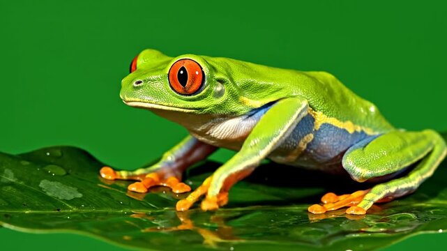 Close-Up Of A Vibrant Red-Eyed Tree Frog Perched On A Green Leaf With Solid Green Background Ideal For Nature And Wildlife Themes