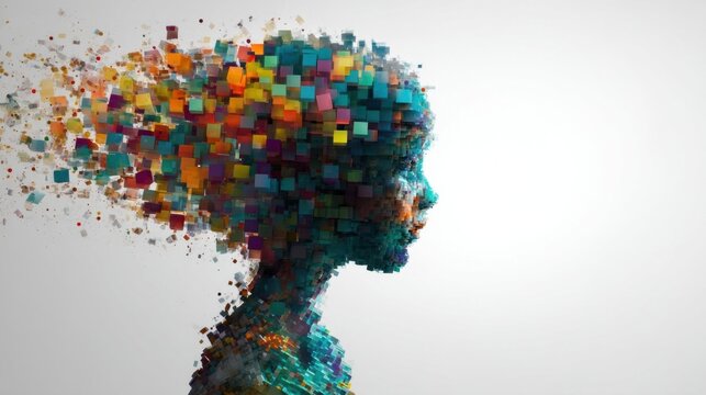 Abstract digital artwork of a human silhouette made from colorful 3D cubes dispersing into thought.